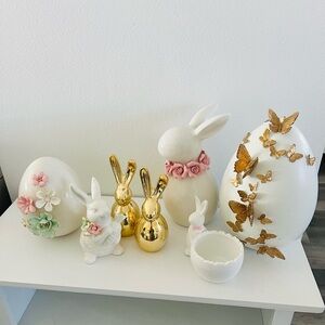 White Ceramic Easter Bunny & Egg Decorative Set with Gold and Pink Accents